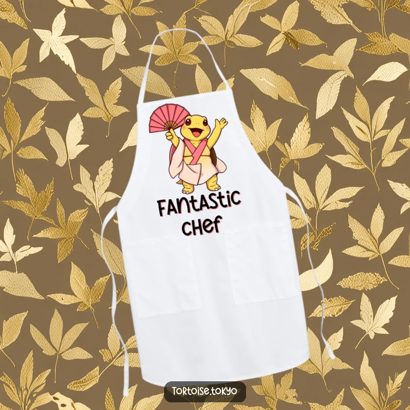 Funny Kawaii Tortoise Apron: Cute tortoise in a kimono, joyfully twirling a fan, making cooking a humorous and stylish affair.