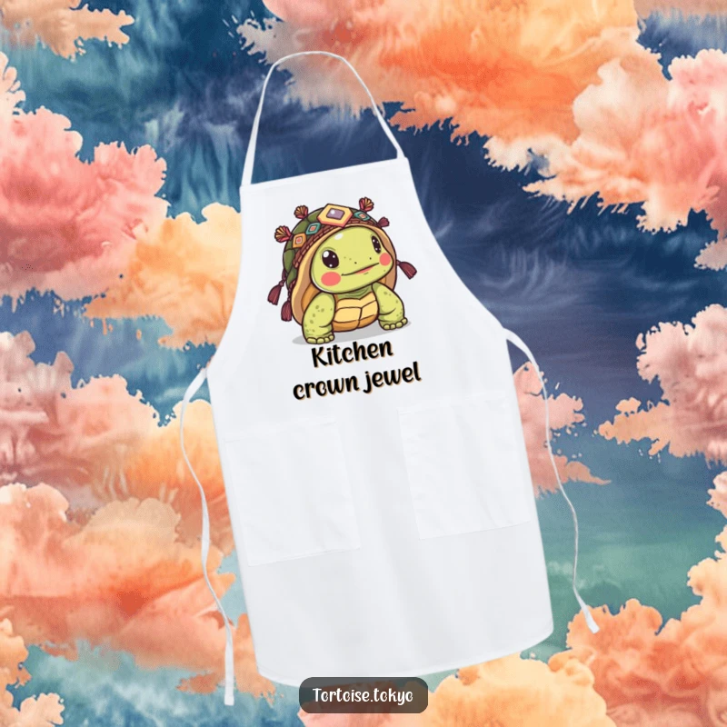 Funny Kawaii Tortoise Apron: Cute tortoise in ornate headwear, peeking from its shell, adding humorous style to the kitchen.