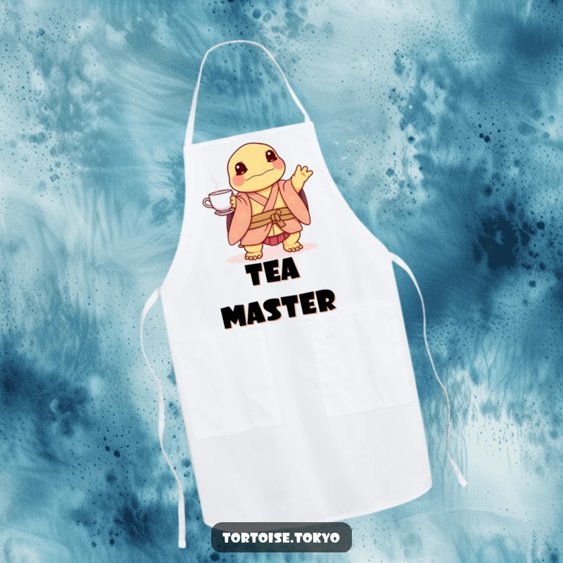 Funny Kawaii Tortoise Apron: Cute tortoise in layered kimono, playfully balancing a tea set, adding humorous charm to cooking.