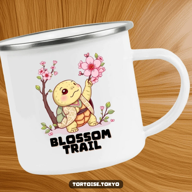 Funny Kawaii Tortoise Camping Mug: Sturdy mug with a cute tortoise in kimono, reaching for cherry blossom, for humorous outdoor enjoyment.