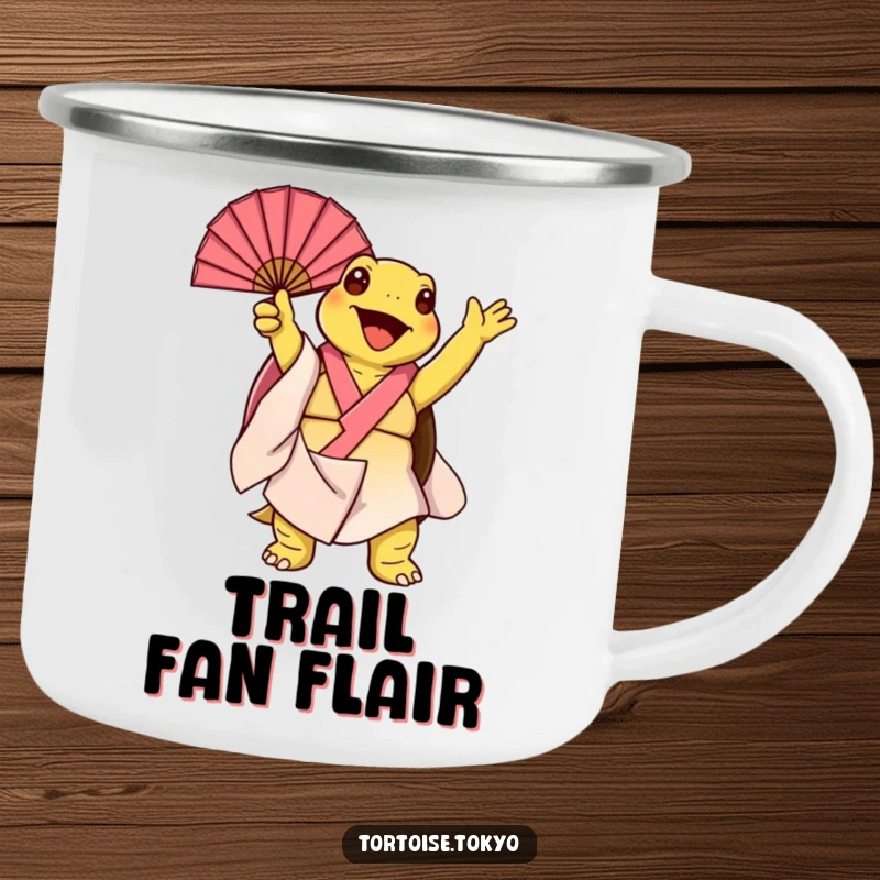 Funny Kawaii Tortoise Camping Mug: Sturdy mug with a cute tortoise in a kimono, joyfully twirling a fan, for humorous outdoor journeys.
