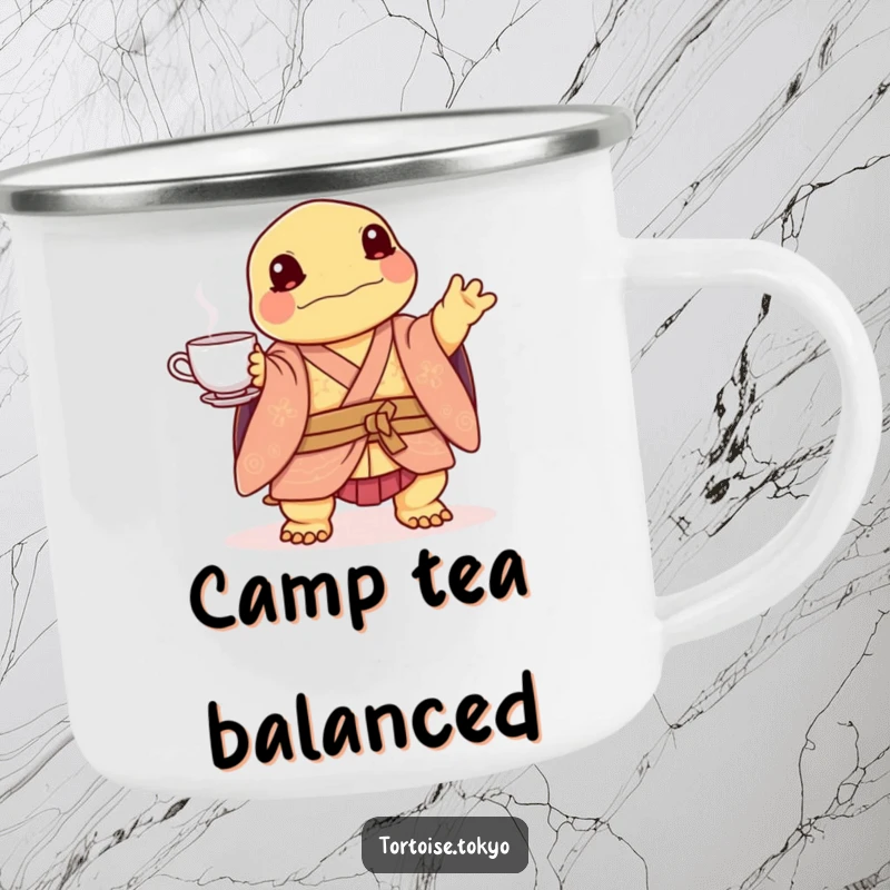 Funny Kawaii Tortoise Camping Mug: Sturdy mug with a cute tortoise in kimono, balancing tea set, for humorous outdoor enjoyment.