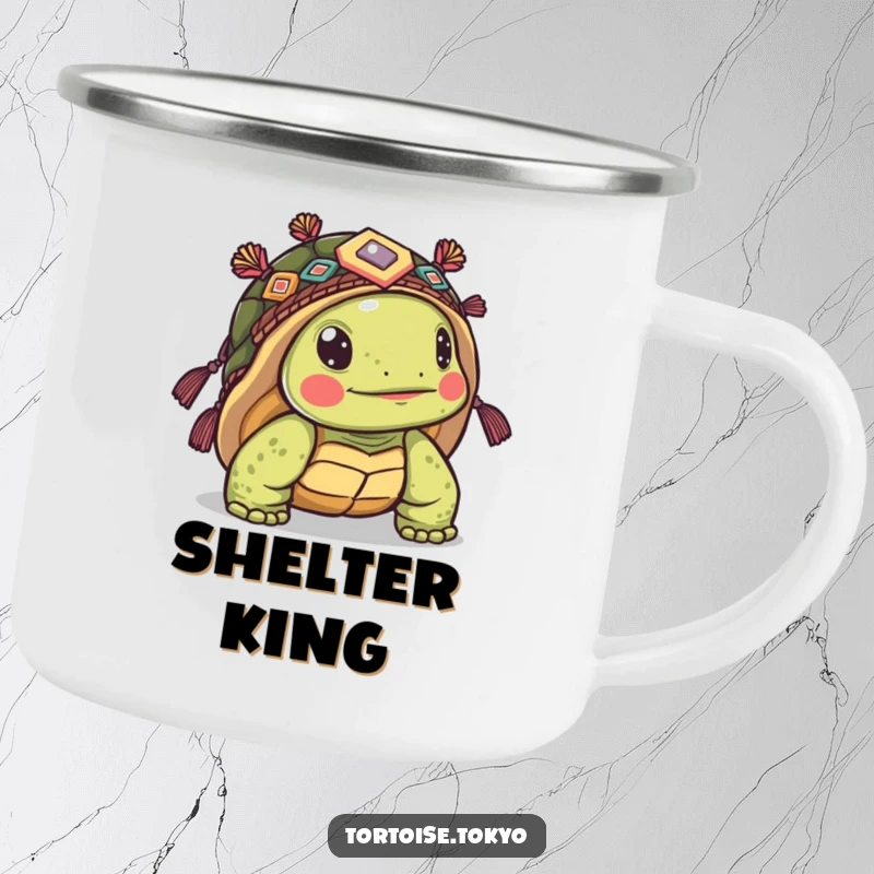 Funny Kawaii Tortoise Camping Mug: Sturdy mug with a cute tortoise in ornate headwear, peeking out, for humorous adventures.