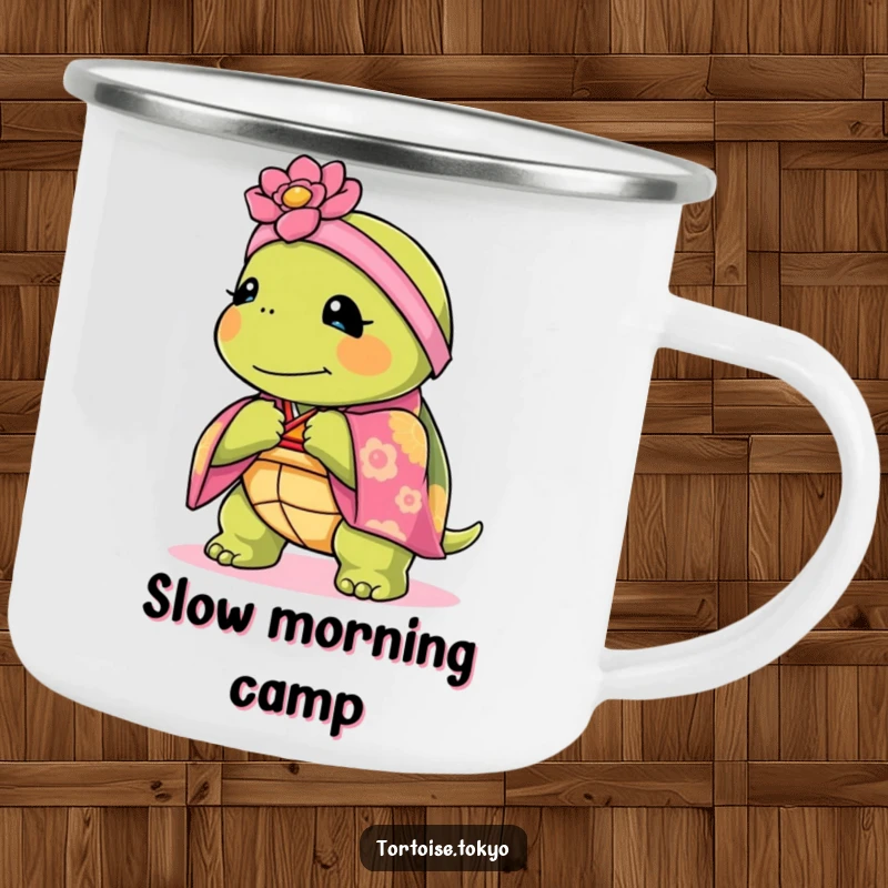 Funny Kawaii tortoise in a kimono bowing on a camping mug, perfect for elegant outdoor drinks.