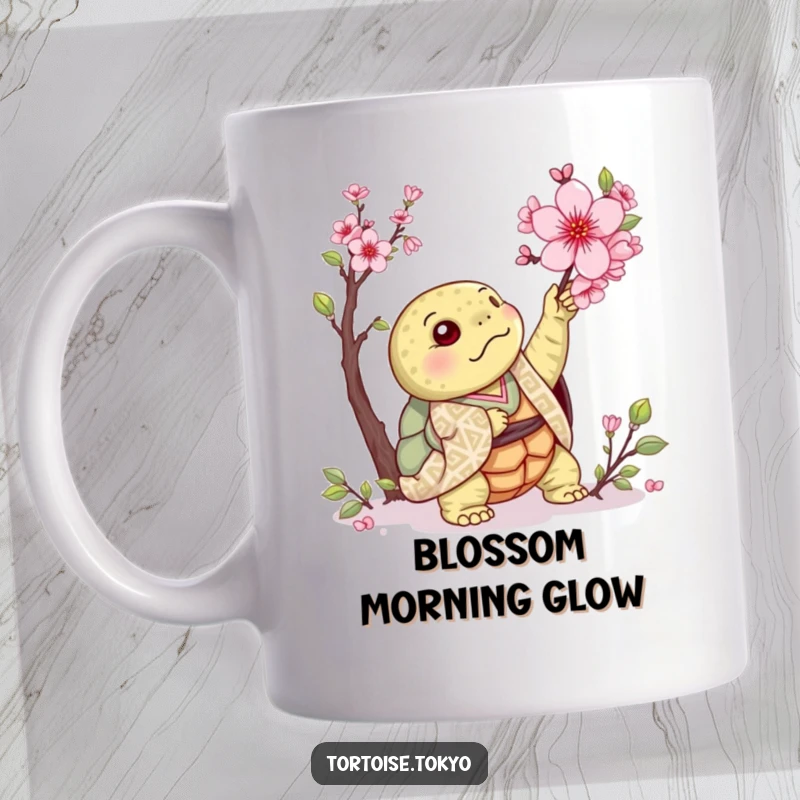 Funny Kawaii Tortoise Mug: Cute tortoise in patterned kimono, reaching for a blooming cherry blossom, with springtime humor.