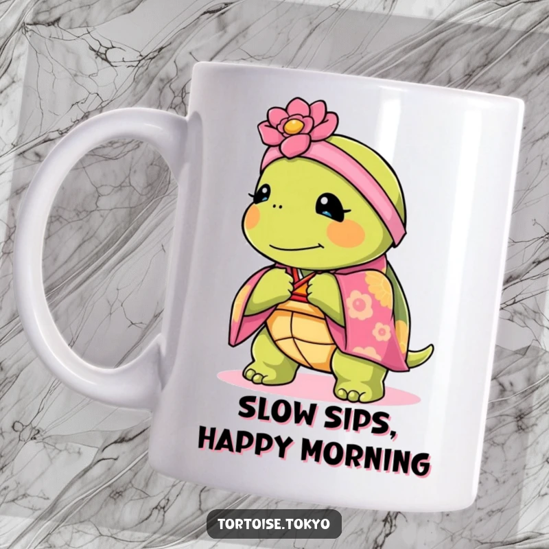 Funny Kawaii tortoise wearing a vibrant kimono and bowing gracefully, elegant and humorous mug.