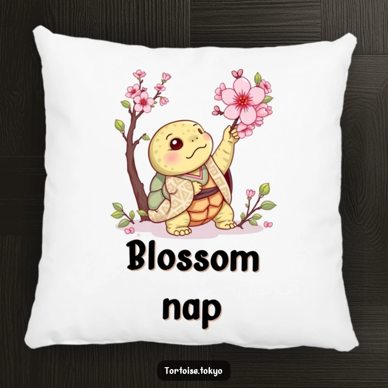 Funny Kawaii Tortoise Pillow: Soft pillow with a cute tortoise in kimono, reaching for cherry blossom, offering humorous comfort.