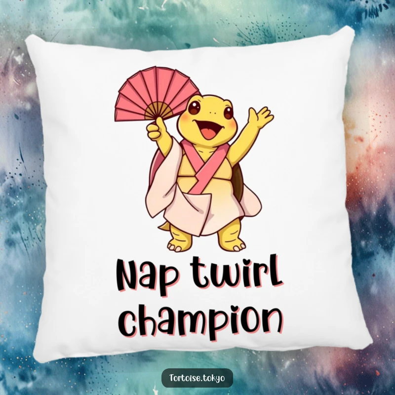 Funny Kawaii Tortoise Pillow: Soft and huggable tortoise in a kimono, joyfully twirling a fan, adding humorous comfort.