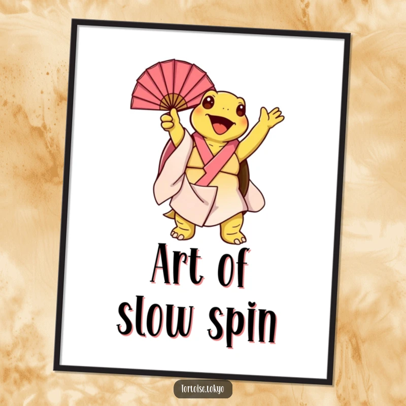 Funny Kawaii Tortoise Digital Art: High-resolution print of a tortoise in a kimono, joyfully twirling a fan, for humorous wall decor.