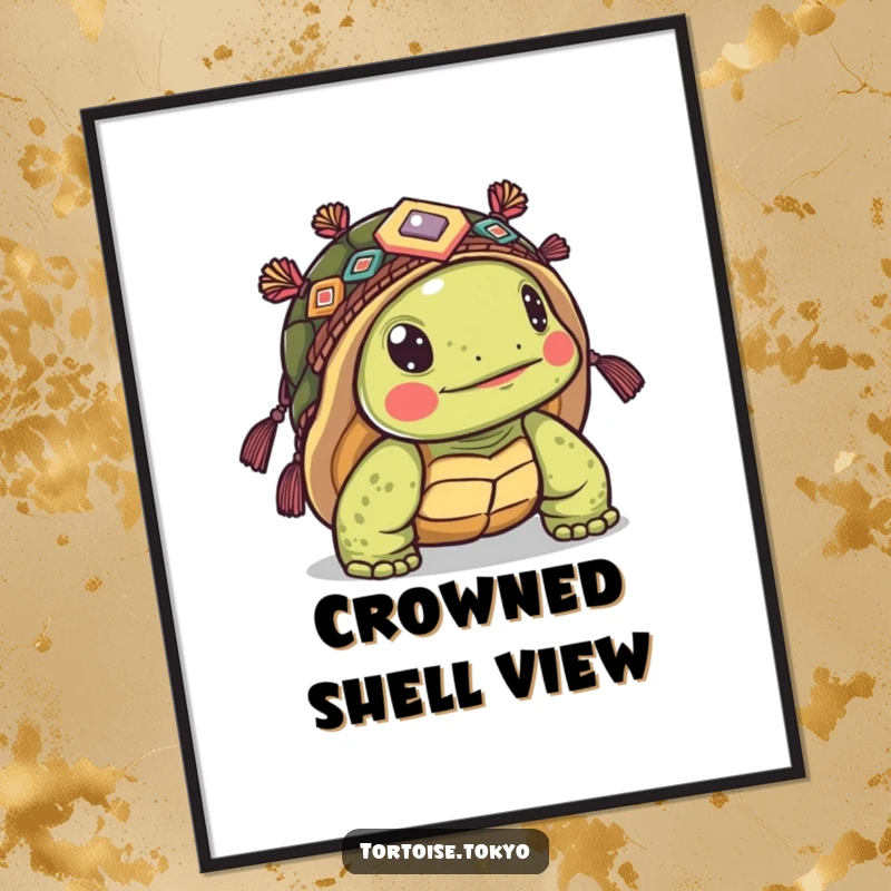 Funny Kawaii Tortoise Digital Art: High-resolution print of a tortoise in headwear, peeking out, for humorous wall decor.
