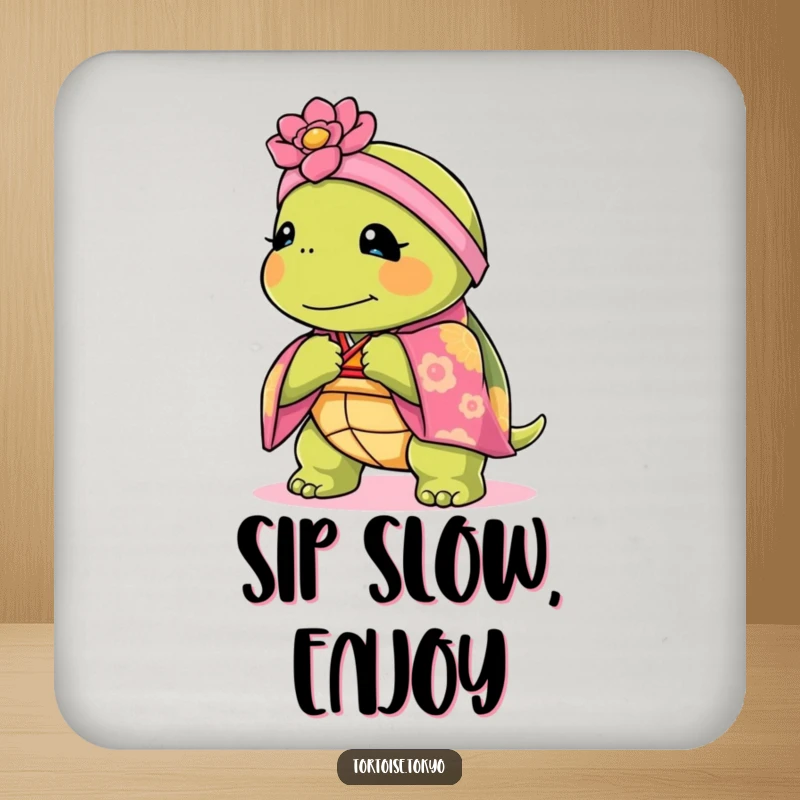 Funny Kawaii tortoise in a kimono bowing on drink coasters, bringing humor and elegance to tabletops.