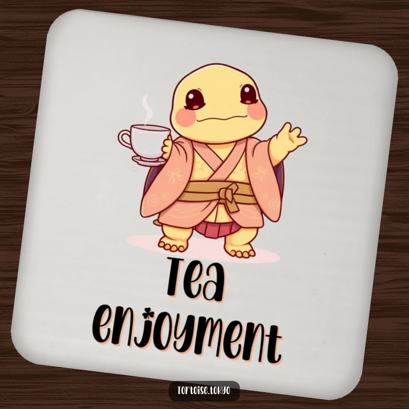Funny Kawaii Tortoise Coaster: Cute tortoise in kimono, balancing tea set, protecting surfaces with humorous appeal.