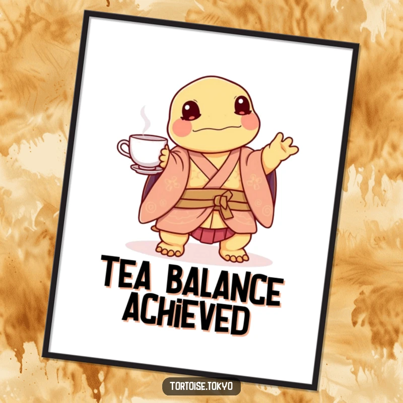Funny Kawaii Tortoise Poster: Cute tortoise in layered kimono, playfully balancing a tea set, creating a whimsical and humorous scene.