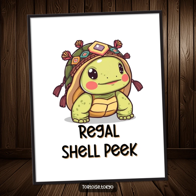 Funny Kawaii Tortoise Poster: Adorable tortoise wearing ornate headwear, peeking from its shell, creating a curious and humorous visual.