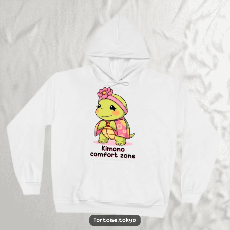 Funny Kawaii tortoise wearing a kimono on a soft hoodie, perfect for cozy, elegant wear.