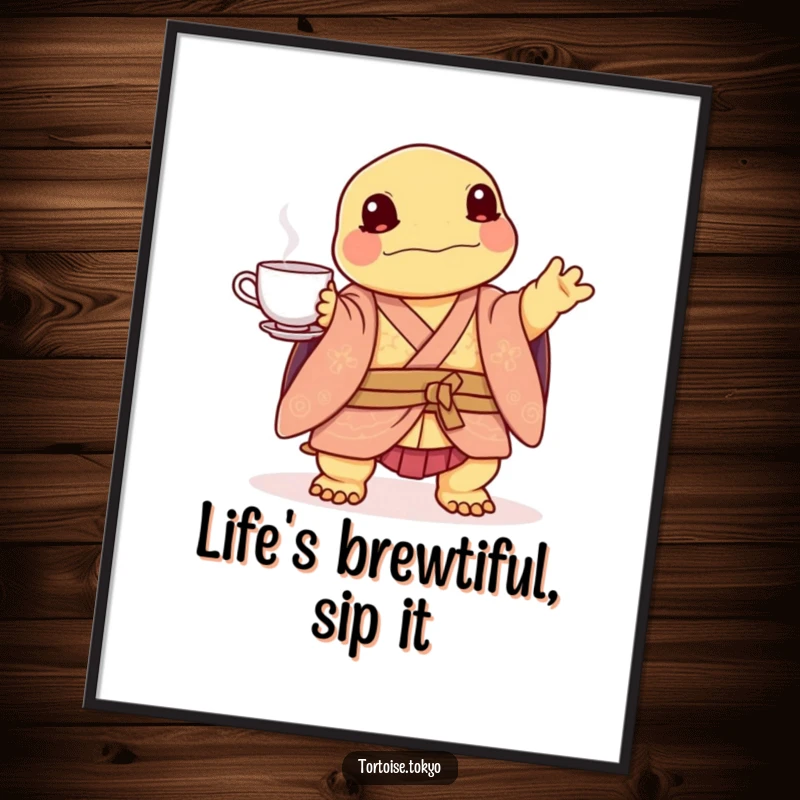 Funny Free Printable Wall Art: Kawaii tortoise in layered kimono playfully balancing a tea set, whimsical decor.