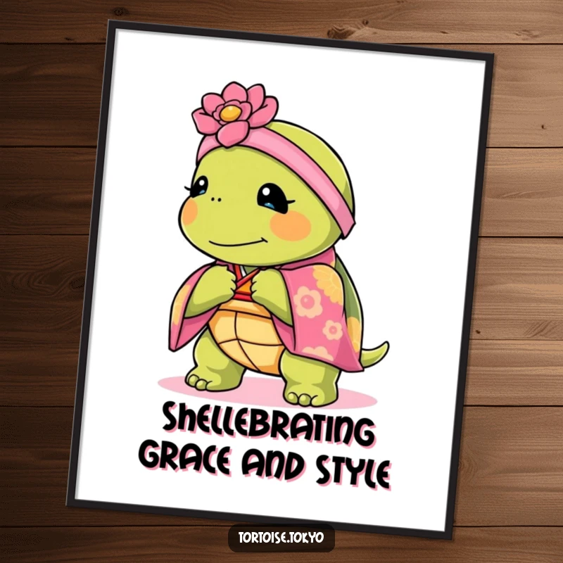 Funny Free Printable Wall Art: A kawaii tortoise adorned in a vibrant kimono performs a graceful bow.
