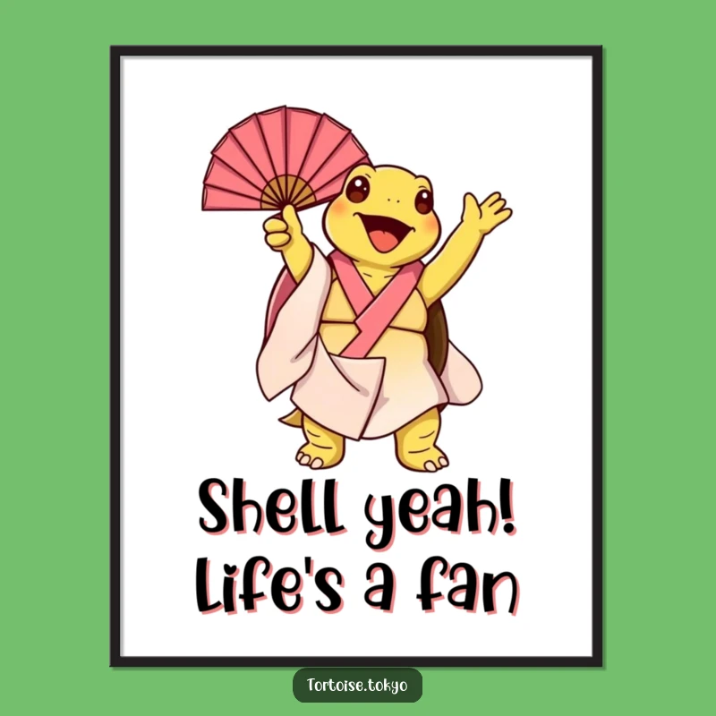 Funny Free Printable Wall Art: Kawaii Tortoise Kimono Fan - Downloadable Quirky Decor