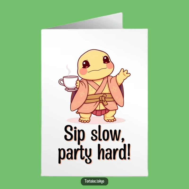 Free Printable Birthday Card: Funny Tortoise Tea Set Balance - Downloadable Greeting