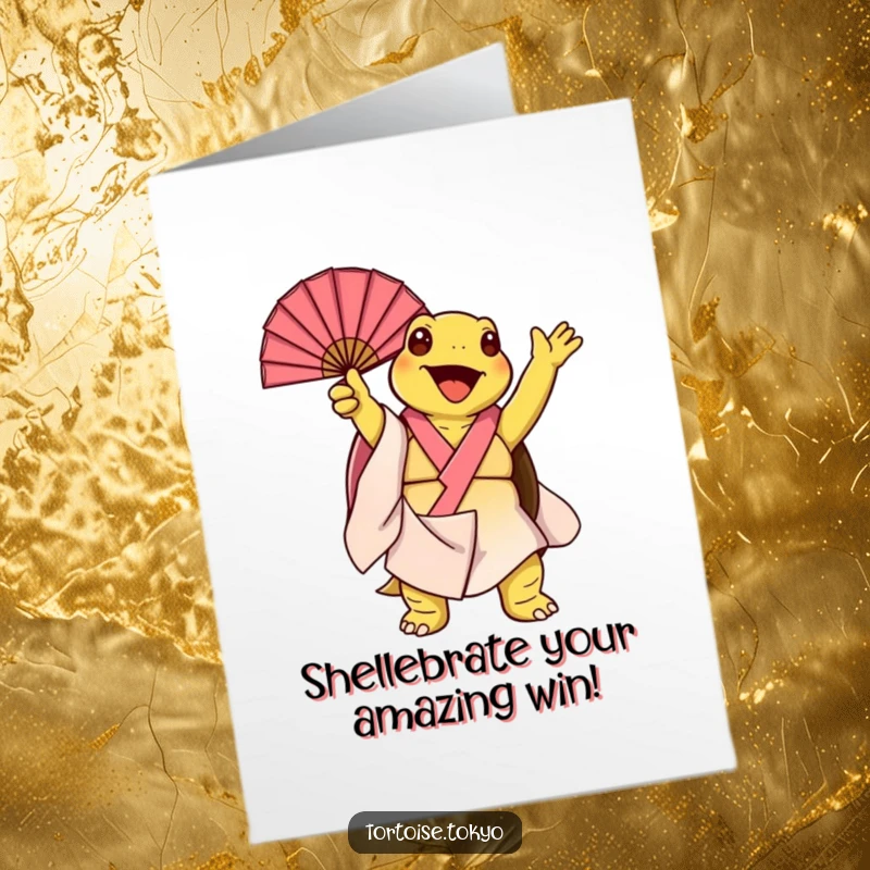 Funny Free Printable Congrats Card: Kawaii tortoise in kimono joyfully twirling fan open, announcing good news.