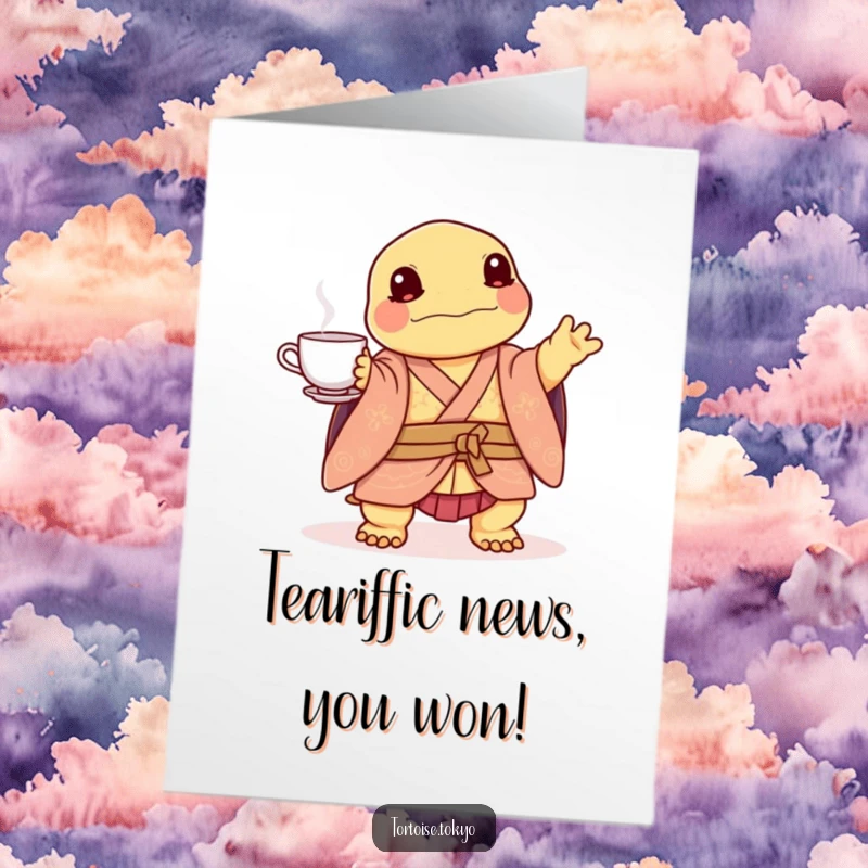 Funny Free Printable Congrats Card: Kawaii tortoise in layered kimono playfully balancing a tea set, congratulating.
