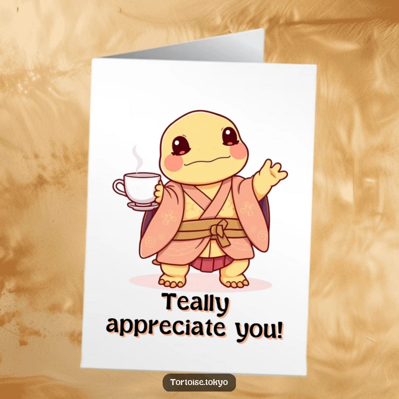 Funny Free Printable Thank You Card: Kawaii tortoise in layered kimono playfully balancing a tea set, expressing thanks.