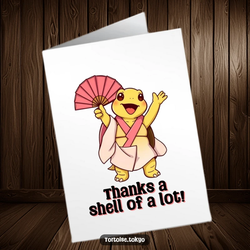 Funny Free Printable Thank You Card: Kawaii tortoise in kimono joyfully twirling fan open, expressing thanks.