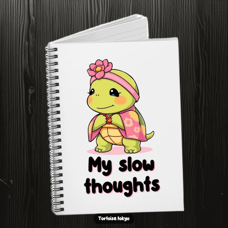 Funny Kawaii tortoise in a kimono bowing on a notebook cover, ideal for elegant and humorous notes.