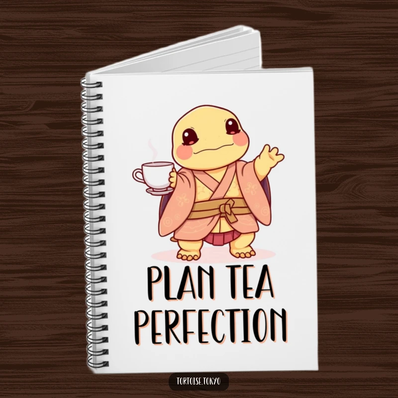 Funny Kawaii Tortoise Notebook: Adorable tortoise in kimono, balancing tea set, ideal for journaling with humorous flair.