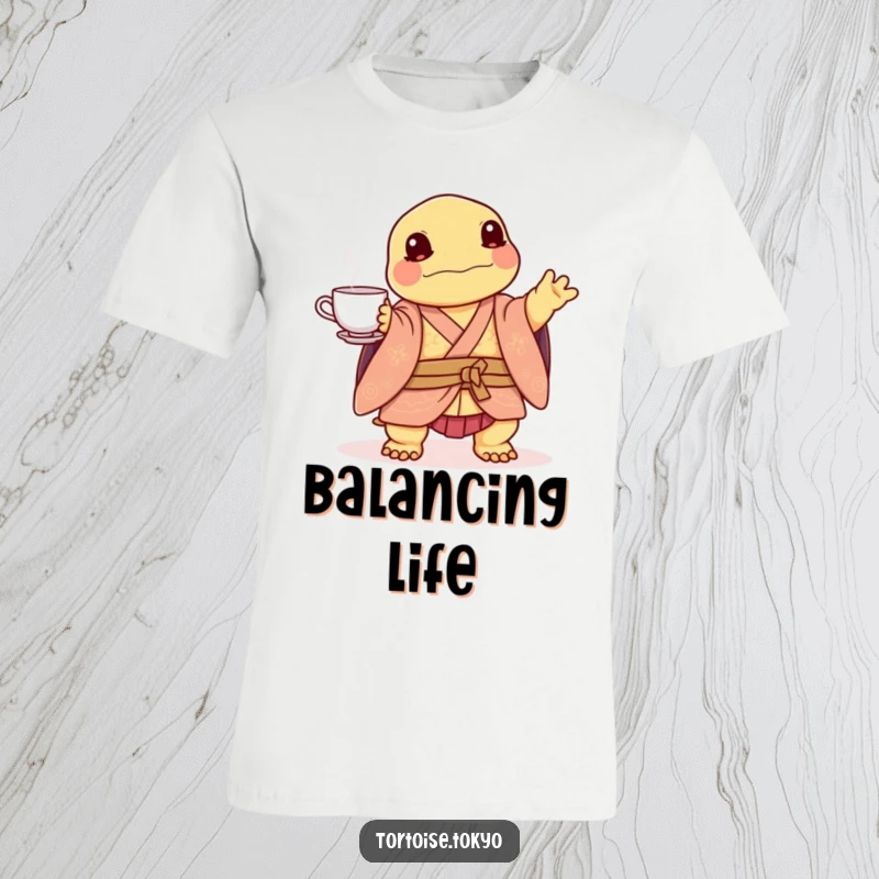 Funny Kawaii Tortoise T-Shirt: Adorable tortoise in layered kimono, balancing a tea set with playful grace, humorously charming.