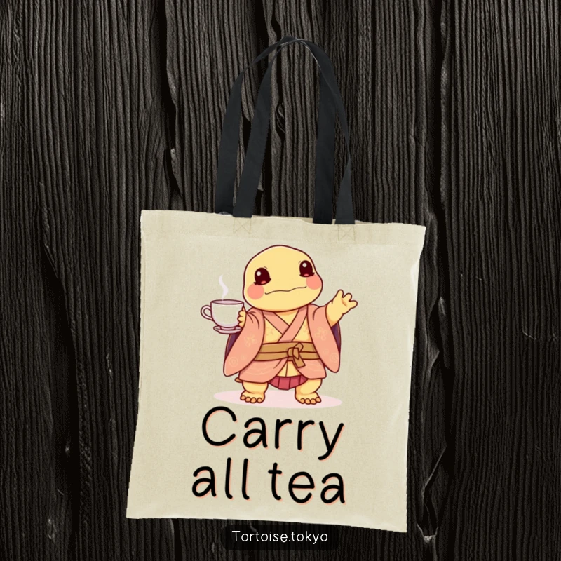 Funny Kawaii Tortoise Tote Bag: Adorable tortoise in kimono, balancing a tea set, perfect for humorous everyday use.