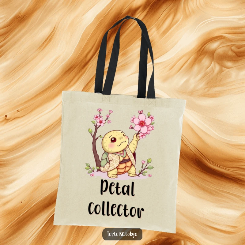 Funny Kawaii Tortoise Tote Bag: Adorable tortoise in kimono, reaching for cherry blossom, perfect for humorous everyday use.