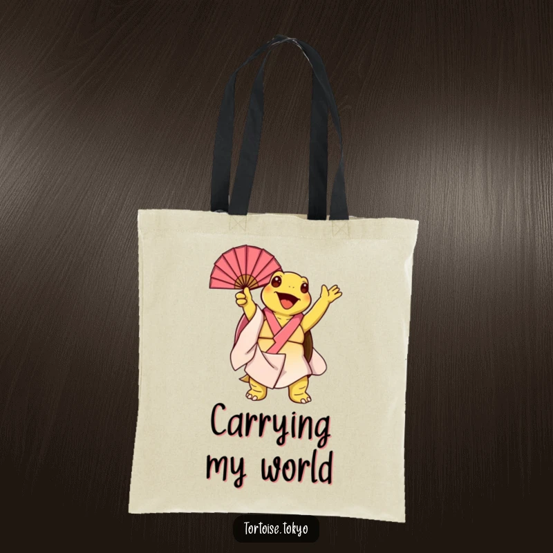 Funny Kawaii Tortoise Tote Bag: Cute tortoise in kimono, joyfully twirling a fan, perfect for carrying items with humor.